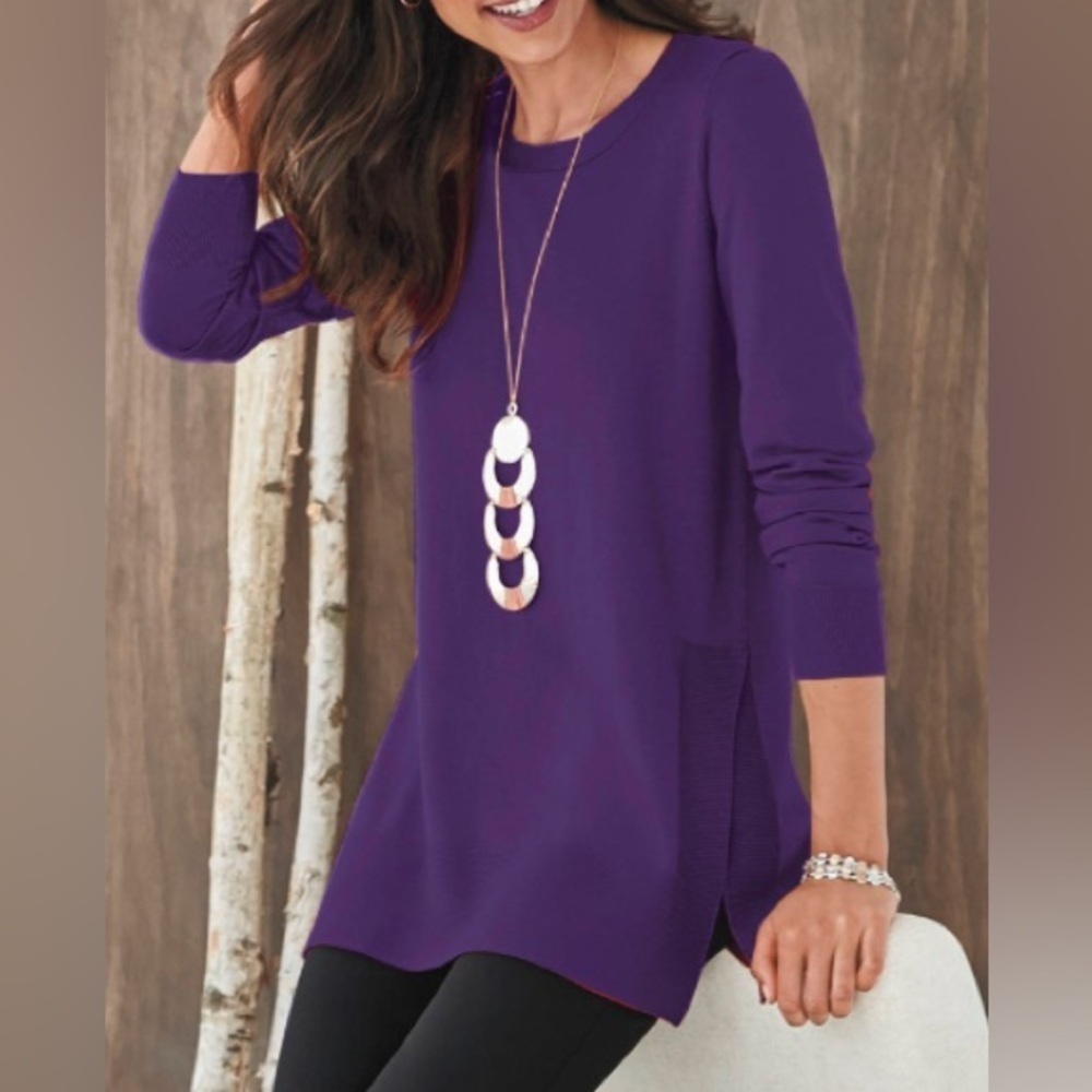 Chadwicks - NEW - Fine-Gauge Rib Hem Tunic Sweater, Jewel Neck LS Side Slits